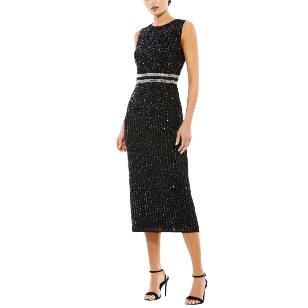 Mac Duggal A10509 Black Cocktail Dress Sequined Sleeveless Midi Sheath Size 6